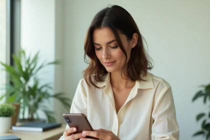 Femme tenant un iPhone 15 et l'examinant attentivement dans un bureau moderne épuré, guide d'achat 2026