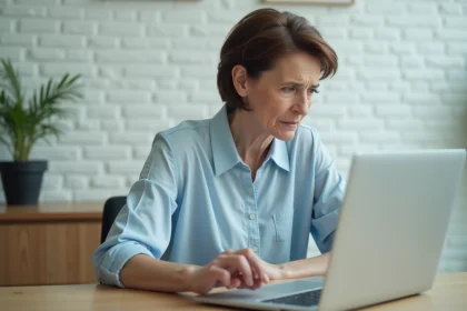 Femme d'âge moyen au bureau regardant l'écran