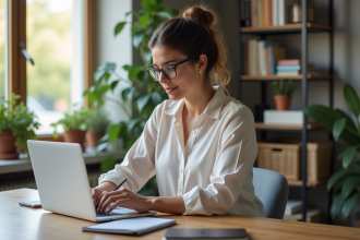 Jeune femme concentrée travaillant sur son ordinateur dans un bureau lumineux