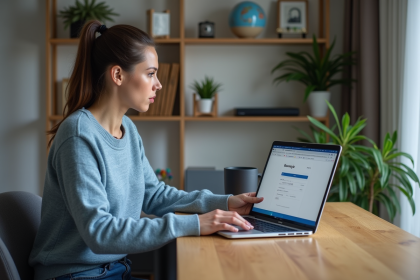 Femme concentrée utilisant un ordinateur dans un bureau moderne