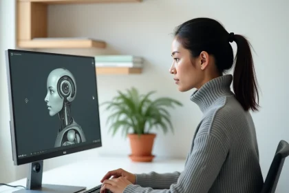 Femme utilisant Leonardo AI sur ordinateur pour créer des visuels professionnels en français