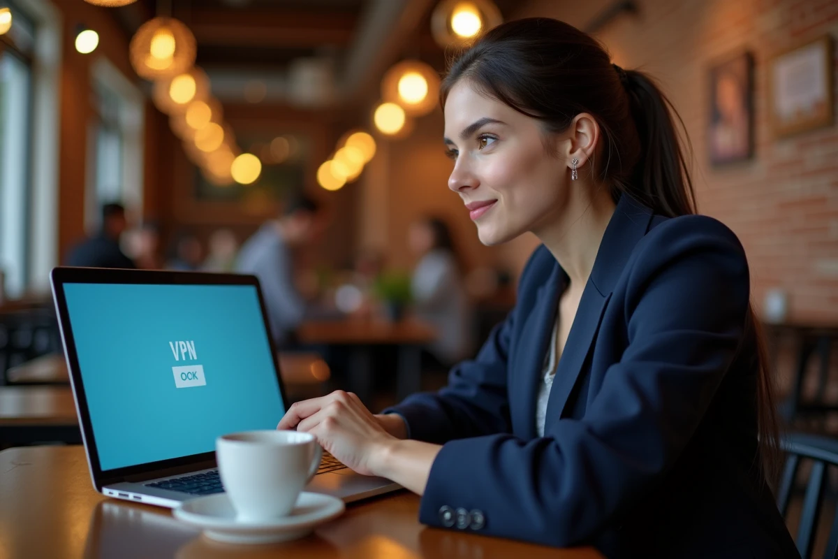 Femme connectée à un VPN dans un café public pour sécuriser sa navigation sur internet