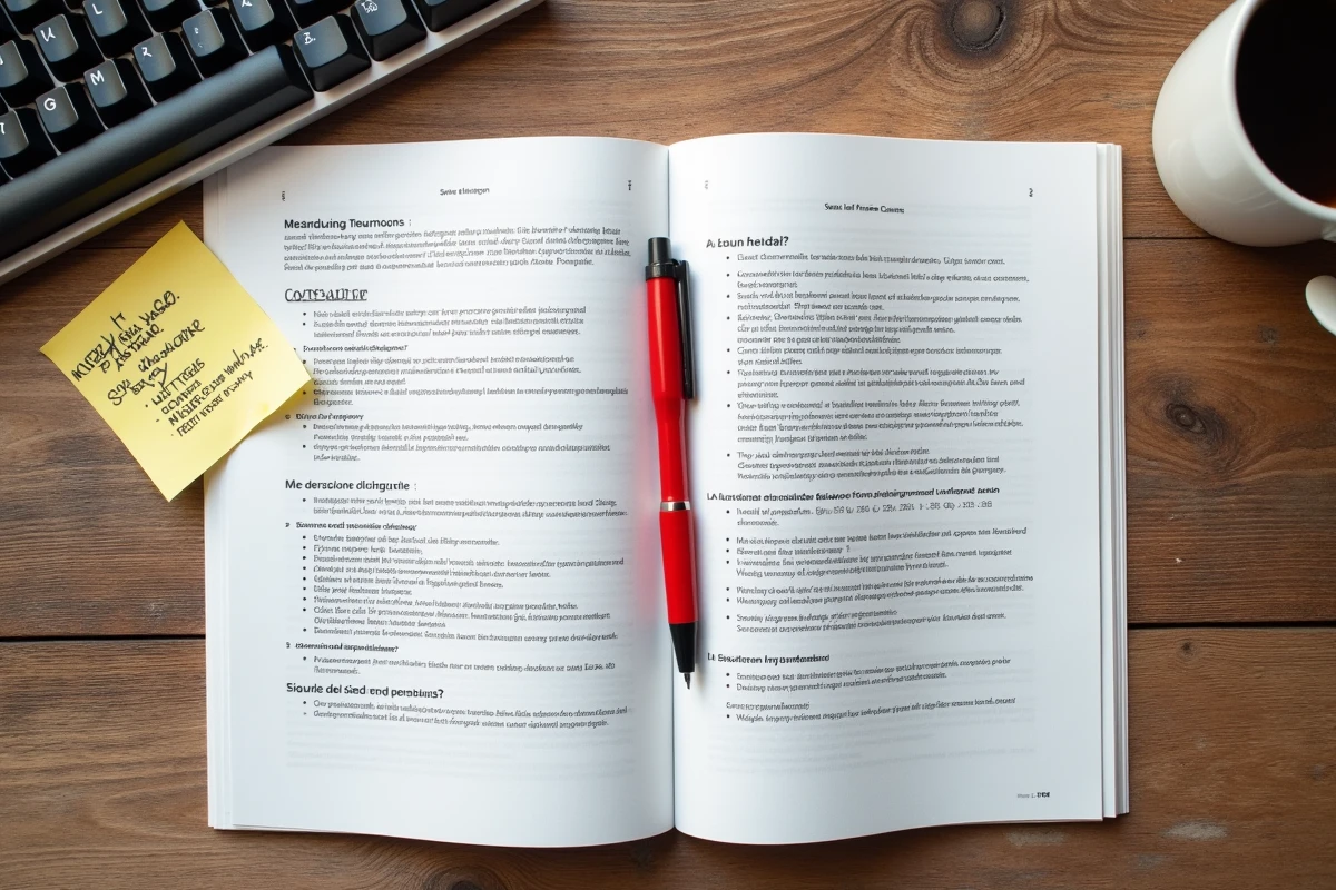 Vue aérienne d'un document technique bilingue avec annotations manuscrites corrigeant des erreurs de traduction, stylo rouge et notes adhesives sur un bureau en chêne