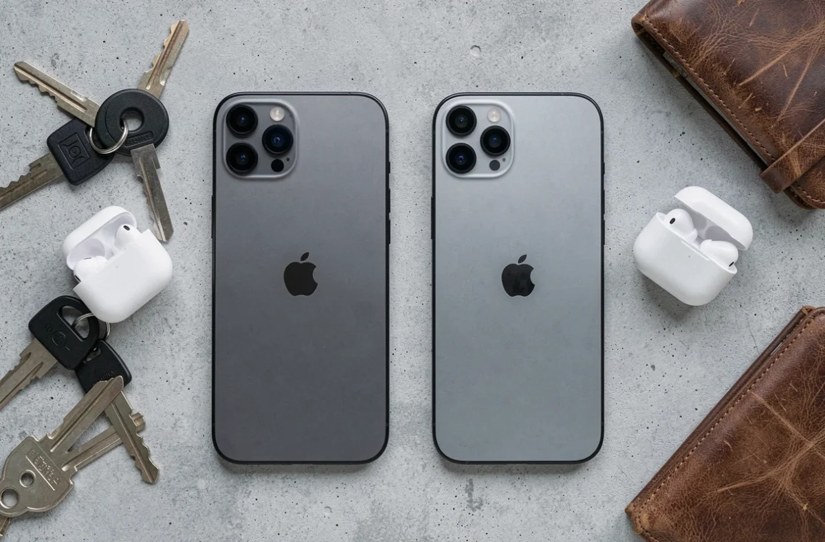 Vue du dessus de deux iPhones 12 et 12 Pro Max posés sur une surface en béton gris avec des accessoires du quotidien