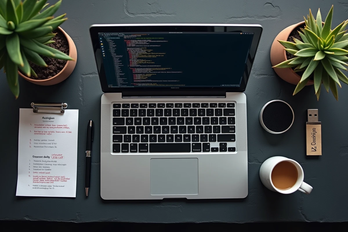 Flat-lay d'un poste de travail de développeur avec scripts d'entraînement NeRF, données annotées et accessoires de bureau sur fond ardoise