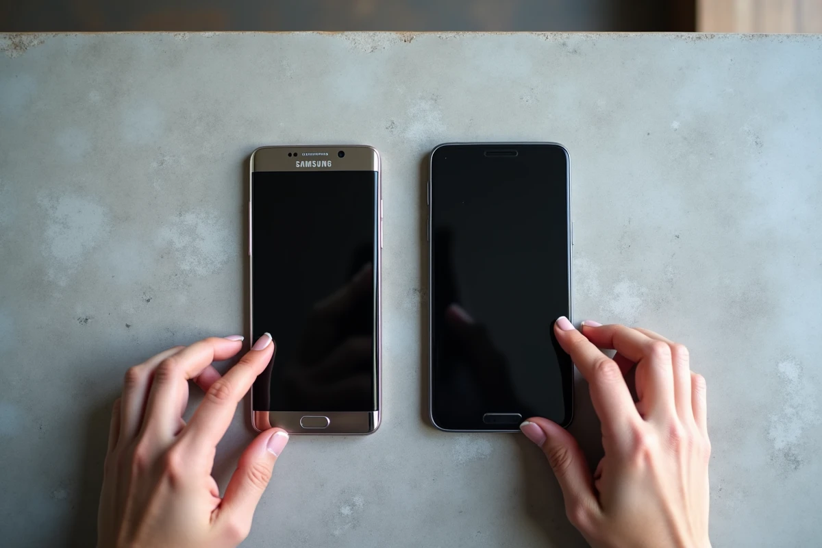Vue aérienne de deux smartphones Samsung A51 et A52 posés côte à côte sur béton