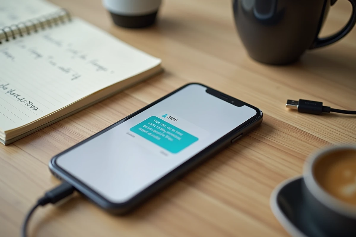 Vue à plat d'un smartphone affichant une application de sauvegarde de SMS posé sur un bureau avec un câble USB et un carnet de notes pour restaurer des messages effacés