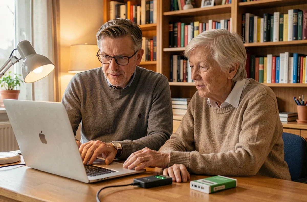Formateur informatique accompagnant un apprenant devant un ordinateur portable à Beaucouzé avec un dispositif de récupération de données visible