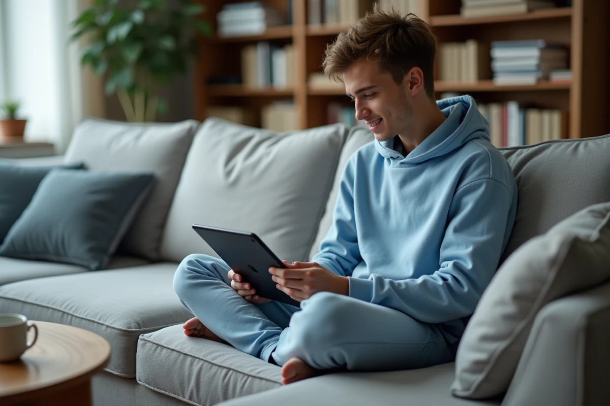 Jeune personne gérant le stockage et les applications de sa tablette confortablement installée dans son salon