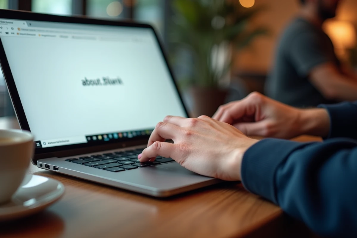 Gros plan sur les mains d'un utilisateur tapant sur un clavier d'ordinateur avec une page about:blank visible à l'écran dans un café