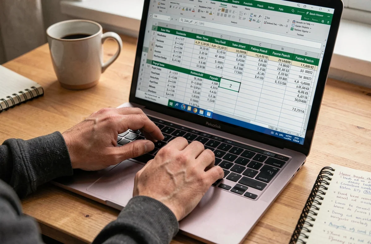 Gros plan sur des mains utilisant Excel sur laptop pour automatiser la soustraction d'heures dans une feuille de paie à domicile