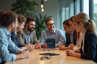 Groupe de professionnels en réunion autour de crypto-monnaies