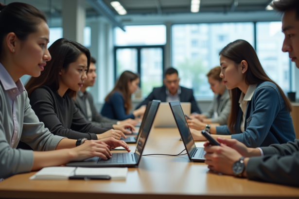Groupe divers d'utilisateurs avec accessibilite en bureau lumineux