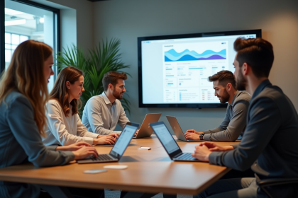 Groupe de jeunes professionnels en réunion dans un bureau moderne