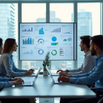 Groupe de professionnels autour d'un tableau digital avec graphiques