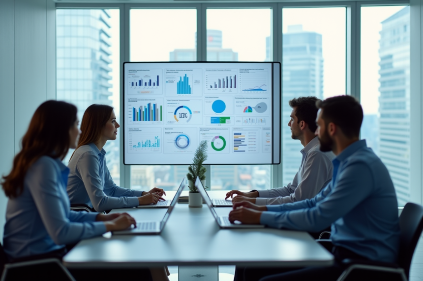 Groupe de professionnels autour d'un tableau digital avec graphiques