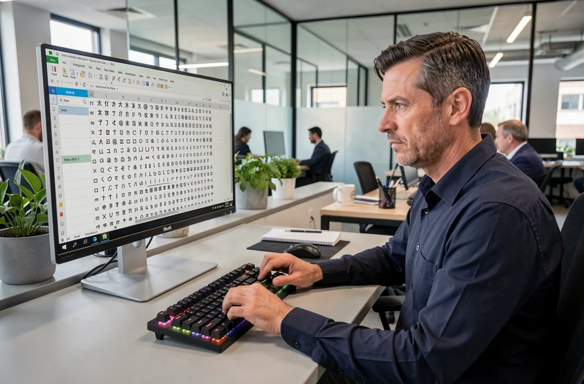 Homme utilisant un clavier mécanique AZERTY pour afficher des caractères spéciaux sur un écran d'ordinateur de bureau