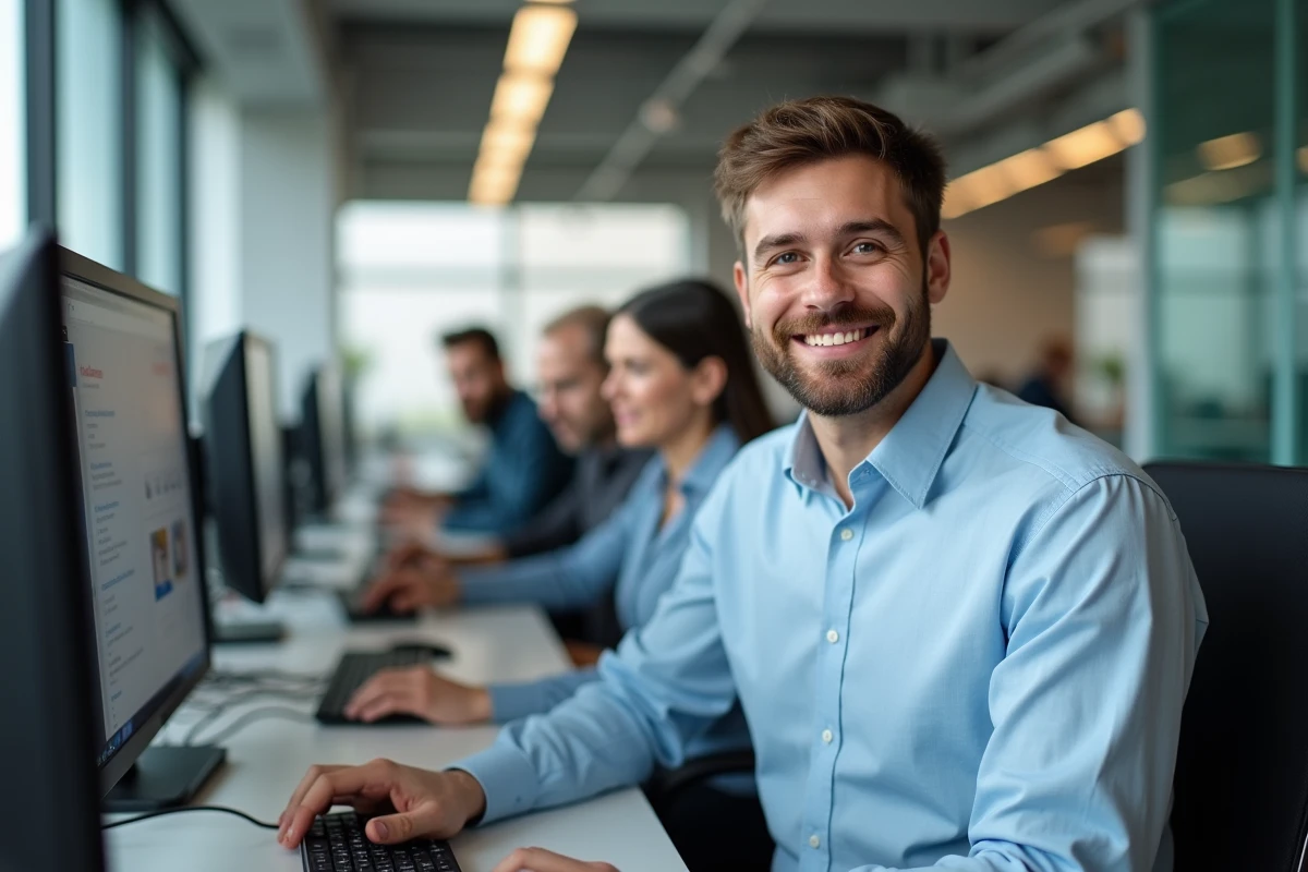 Jeune homme montrant une touche de clavier au bureau