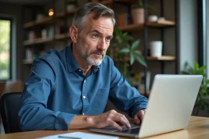Homme en tenue décontractée travaillant sur son ordinateur dans un bureau moderne
