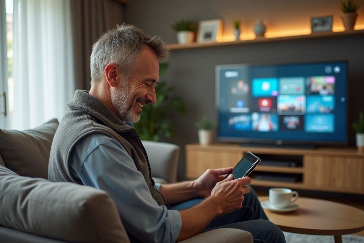 Homme souriant utilisant une tablette dans un salon moderne