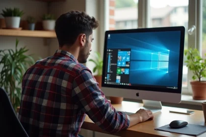 Homme concentré sur son ordinateur avec Windows 7 dans un bureau cosy