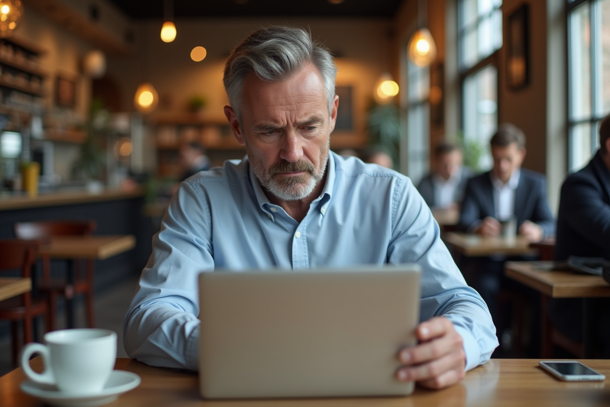 Homme au café tentant de récupérer un mot de passe oublié