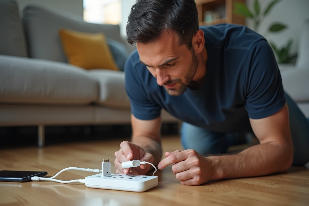Homme comparant un chargeur USB-A et un chargeur USB-C dans un salon, câbles et multiprises au sol