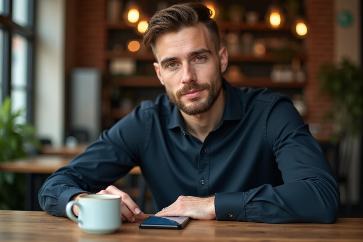 Homme consultant les caractéristiques du Samsung A51 et A52 dans un café urbain