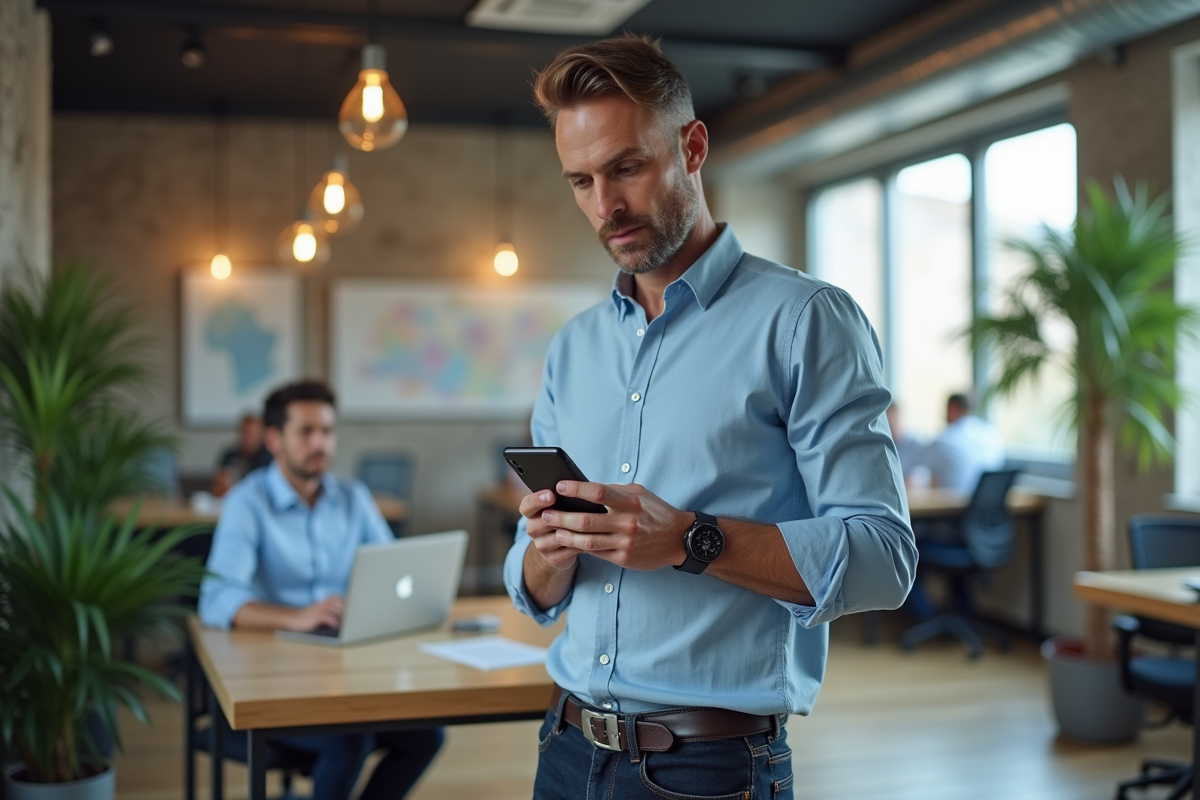 Homme français utilisant son smartphone dans un espace de coworking dynamique