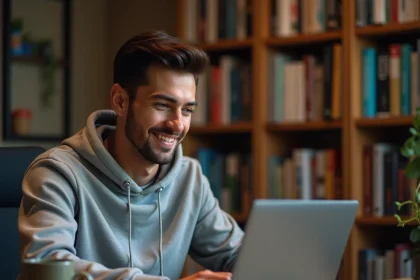 Jeune homme souriant devant son ordinateur portable en train de taper l'easter egg Google 'do a barrel roll' dans un bureau à domicile