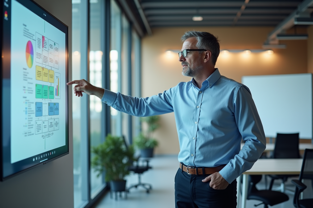 Homme expliquant un diagramme CMS dans un bureau moderne