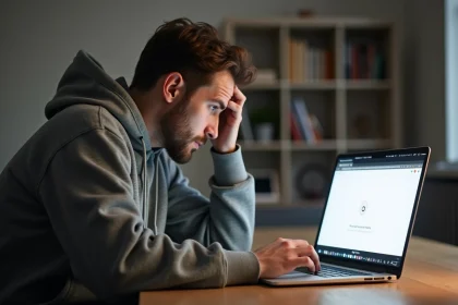 Homme frustré devant un navigateur affichant une page blanche sur son ordinateur portable