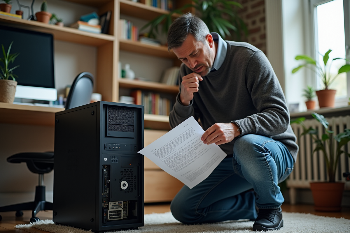 Homme vérifiant un PC de bureau dans un espace de travail