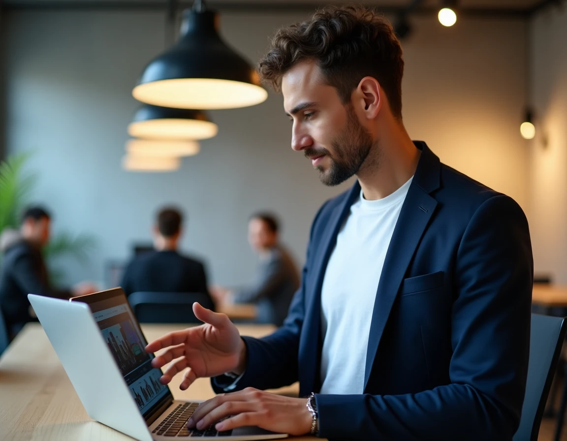 Homme utilisant une interface Leonardo AI en français dans un espace de co-working moderne