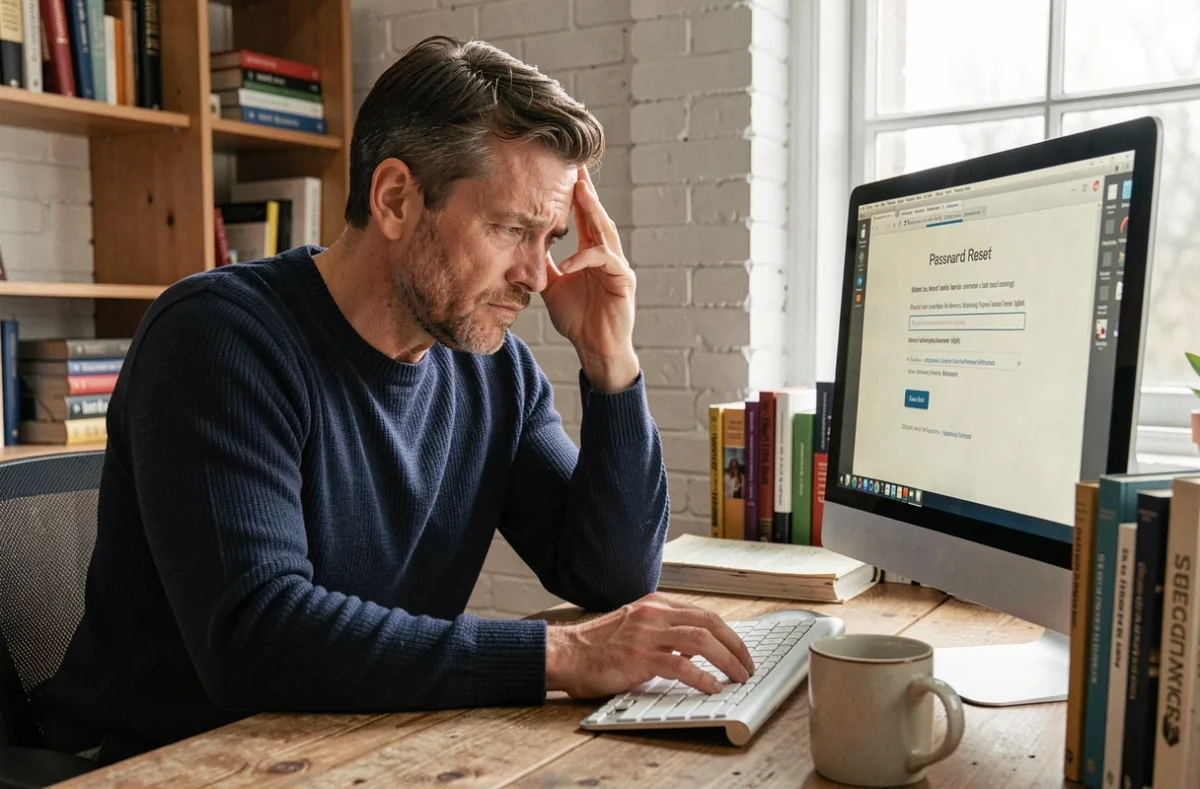 Homme face à un problème de mot de passe oublié sur son webmail depuis son bureau à domicile