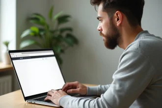 Homme utilisant un navigateur web avec un onglet about:blank ouvert sur son ordinateur portable dans un bureau moderne