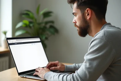 Homme utilisant un navigateur web avec un onglet about:blank ouvert sur son ordinateur portable dans un bureau moderne