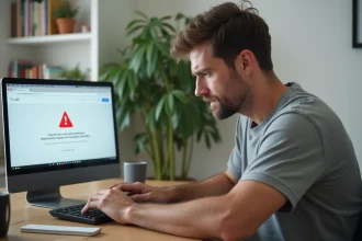 Homme frustré face à un navigateur bloquant l'accès à Notyube sur son ordinateur portable au bureau