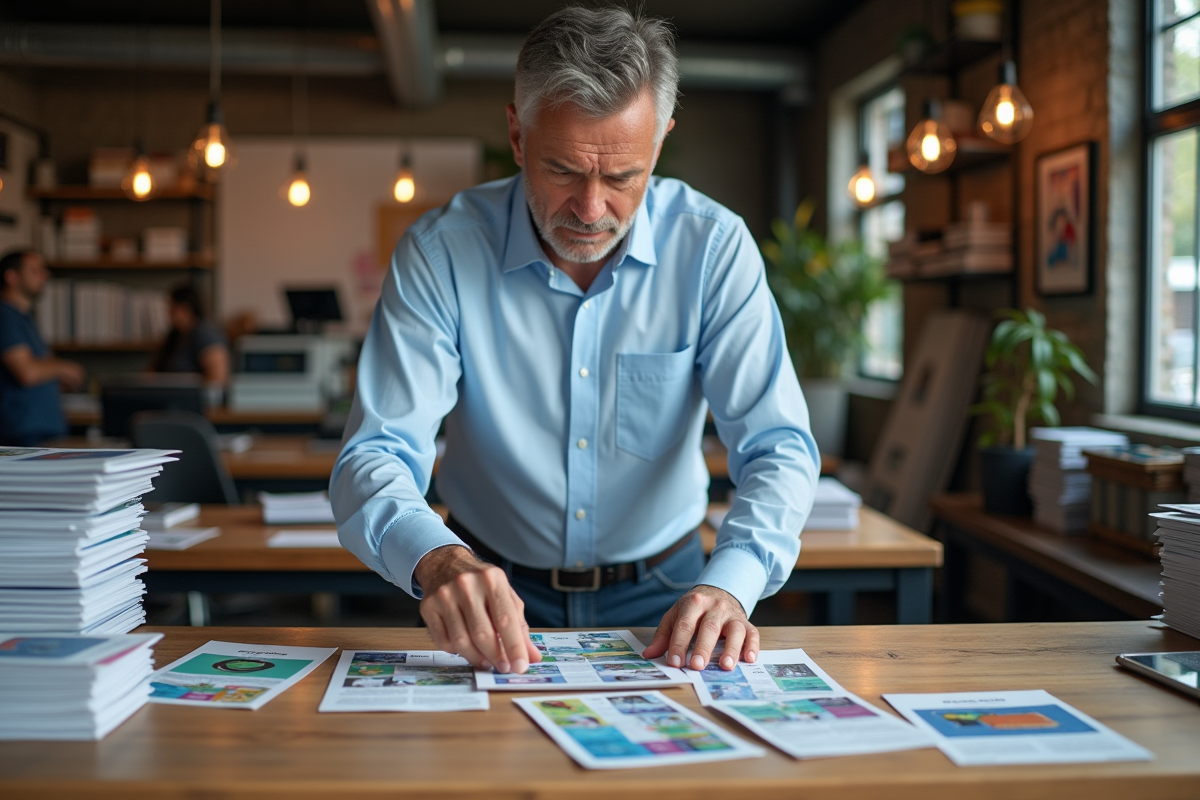 Homme organisant des flyers colorés dans un atelier d