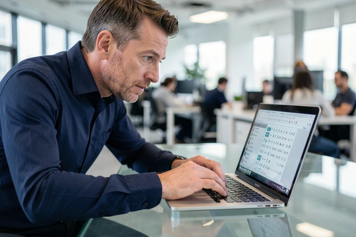 Homme utilisant des raccourcis clavier Windows pour saisir des caractères spéciaux sur un ordinateur portable en entreprise