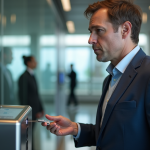 Homme d affaires scannant un badge dans un hall moderne