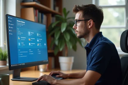 Jeune homme vérifiant la sécurité Windows Defender