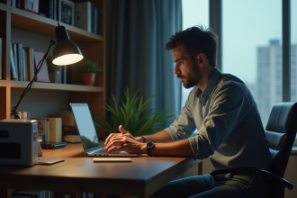 Homme sérieux travaillant seul dans un bureau à domicile