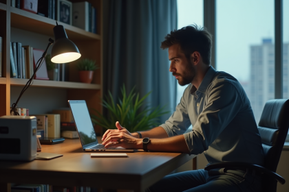 Homme sérieux travaillant seul dans un bureau à domicile
