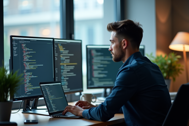 Homme en tenue casual utilisant un ordinateur sur un bureau moderne