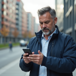 Homme d'âge moyen utilisant un smartphone en ville