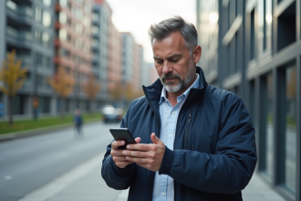 Homme d'âge moyen utilisant un smartphone en ville