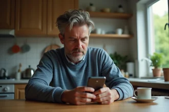 Homme d'âge moyen examinant un vieux et un nouveau téléphone