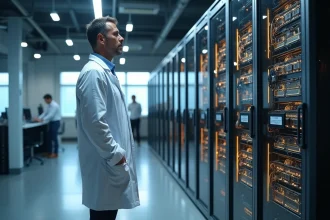 Ingénieur devant un serveur d'ordinateur quantique dans un laboratoire high-tech moderne