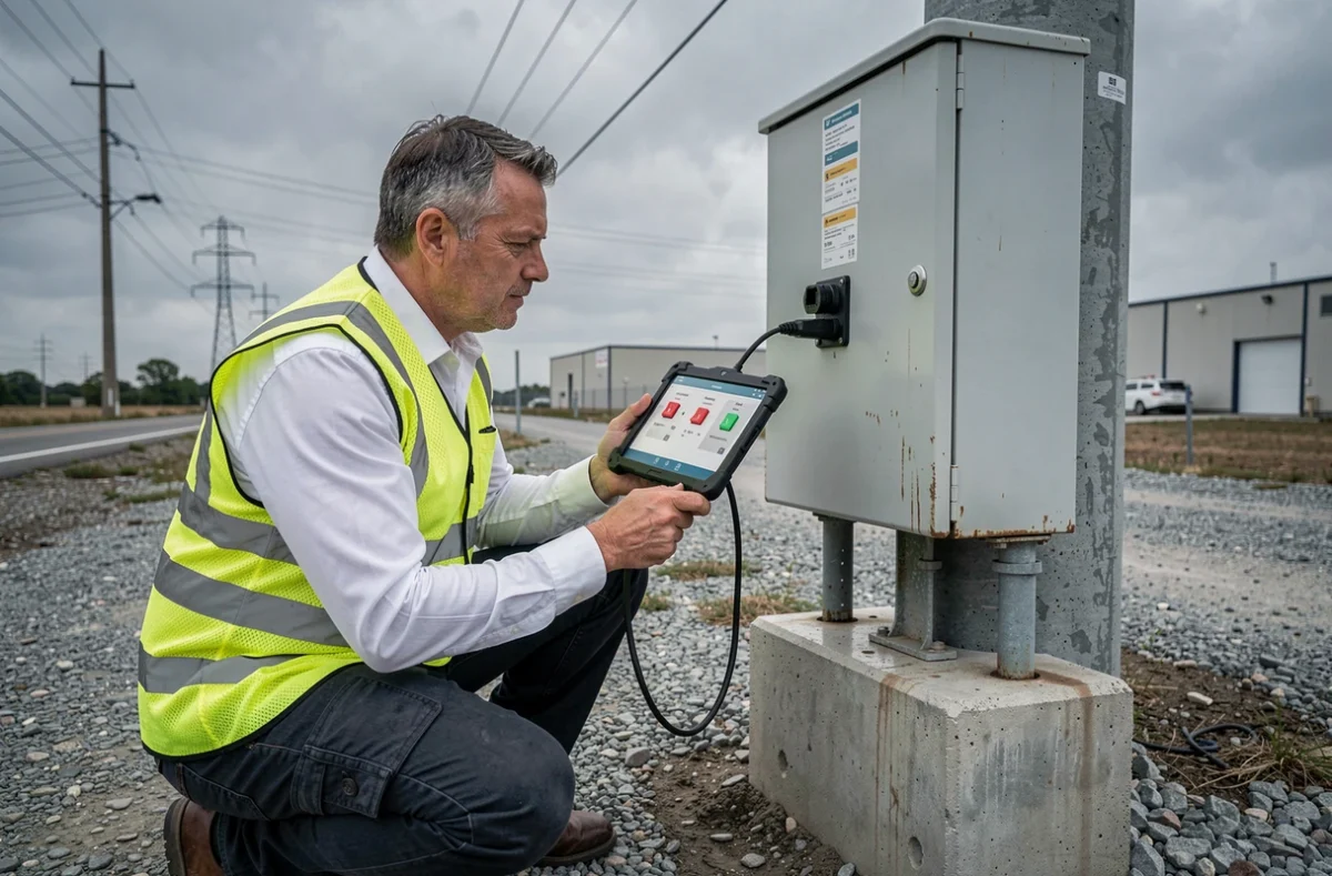 Ingénieur de terrain réalisant un contrôle à distance sur un coffret électrique extérieur avec une solution de télégestion mobile